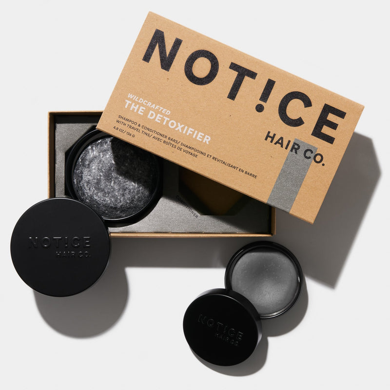 The Detoxifier Shampoo + Conditioner Bars with Travel Tins | Notice Hair Co.