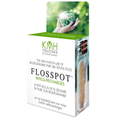 KMH Touches Flosspot Biodegradable Pure Silk Dental Floss is a luxurious silk dental floss, lightly waxed with candelilla for strength and ease of use between tight teeth. This product contains no plastic and is therefore safe for the environment. This container contains two refills for your mason jar flosspot.
