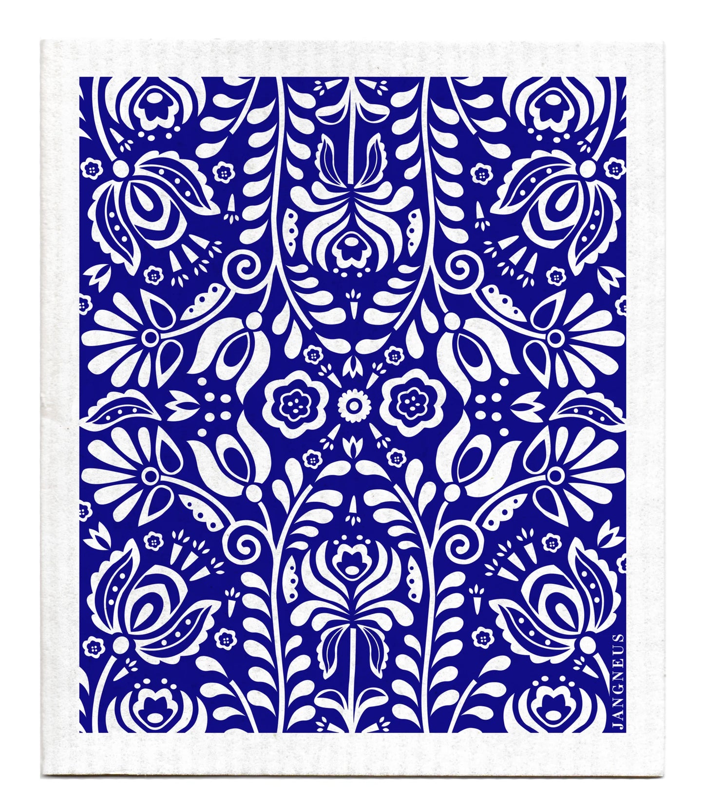 White kaleidoscope pattern of flowers and leaves on a blue background. Kaleidoscope is mirrored 4 ways. 