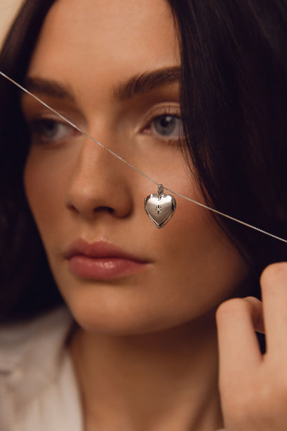 Sterling Silver Diamond Heart Locket 20" | OLAEDA