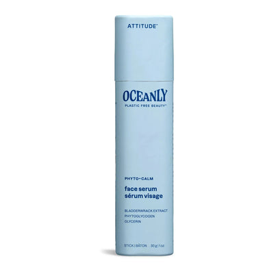 Pale blue deodorant-stick-shaped container with dark blue text, labelled as Face Serum, from ATTITUDE's Oceanly, Phyto-Calm line.