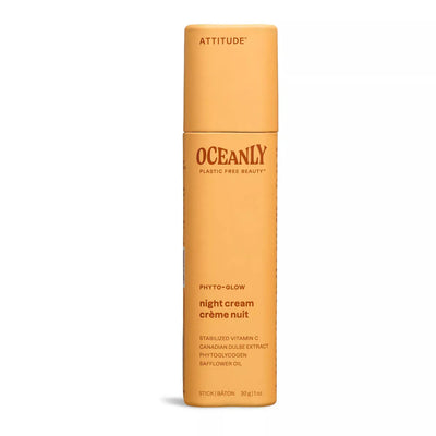 Light orange deodorant-stick-shaped container with dark orange text, labelled as Night Cream, from ATTITUDE's Oceanly, Phyto-Glow line.