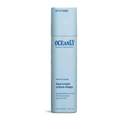 Pale blue deodorant-stick-shaped container with dark blue text, labelled as Face Cream, from ATTITUDE's Oceanly, Phyto-Calm line.