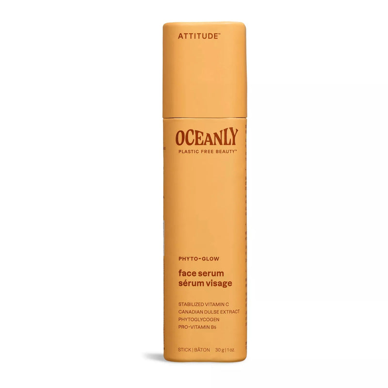Light orange deodorant-stick-shaped container with dark orange text, labelled as Face Serum, from ATTITUDE&
