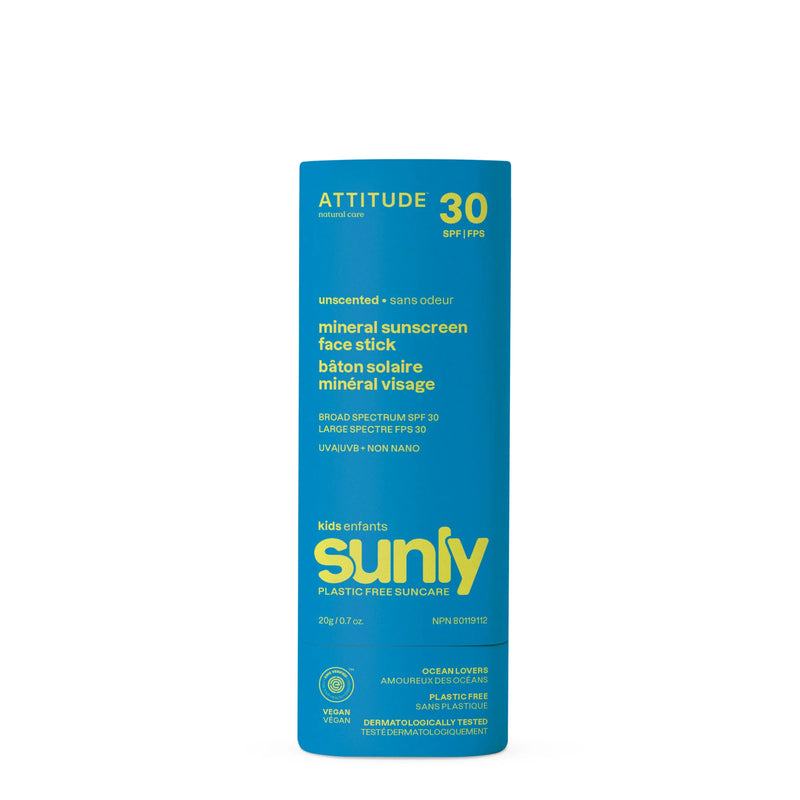 Blue deodorant-stick-shaped container with yellow text, labelled as Kids Mineral Sunscreen Face Stick SPF 30, from ATTITUDE&