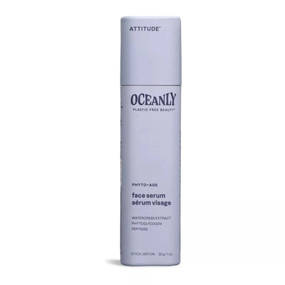 Pale purple/blue deodorant-stick-shaped container with dark purple/blue text, labelled as Face Serum, from ATTITUDE's Oceanly, Phyto-Age line.