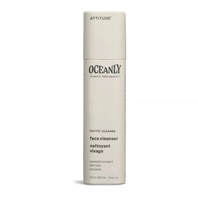 Beige deodorant-stick-shaped container with dark text, labelled as "Face Cleanser", from ATTITUDE's Oceanly, Phyto-Cleanse line.