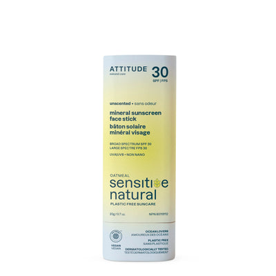 Pale blue and yellow deodorant-stick-shaped container with navy blue text, labelled as Mineral Sunscreen Face Stick for Sensitive Skin SPF 30 (Unscented), from ATTITUDE.