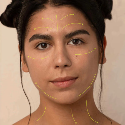Photograph of model's face, arrows drawn over to showcase the direction of product application.
