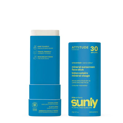 Blue deodorant-stick-shaped open container with yellow text, labelled as Kids Mineral Sunscreen Face Stick SPF 30, from ATTITUDE's "Sunly" line.