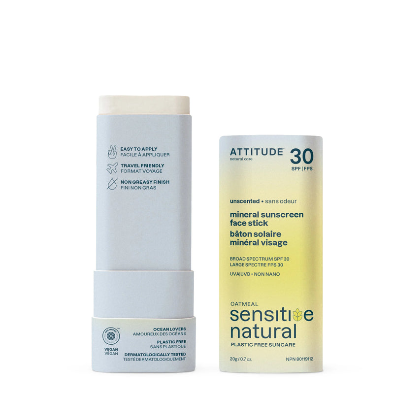 Pale blue and yellow deodorant-stick-shaped open container with navy blue text, labelled as Mineral Sunscreen Face Stick for Sensitive Skin SPF 30 (Unscented), from ATTITUDE.