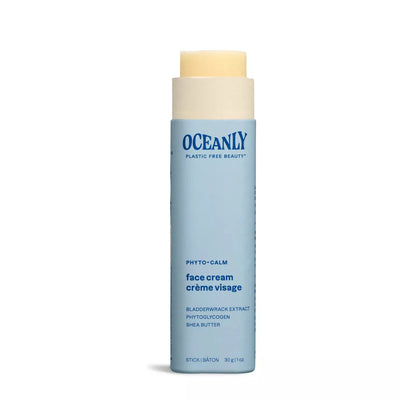 Pale blue deodorant-stick-shaped open container with dark blue text, labelled as Face Cream, from ATTITUDE's Oceanly, Phyto-Calm line.