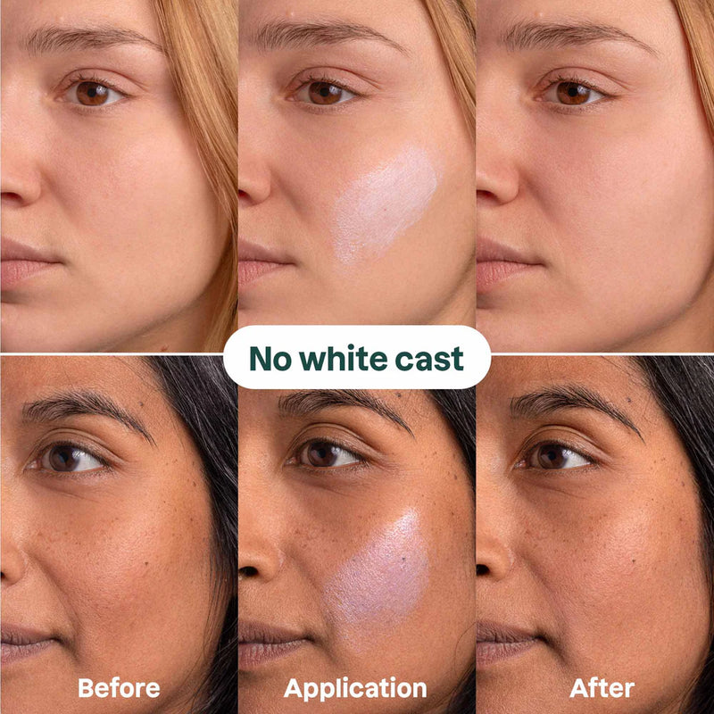 Photograph array of models before, during, and after application of sunscreen product from ATTITUDE.