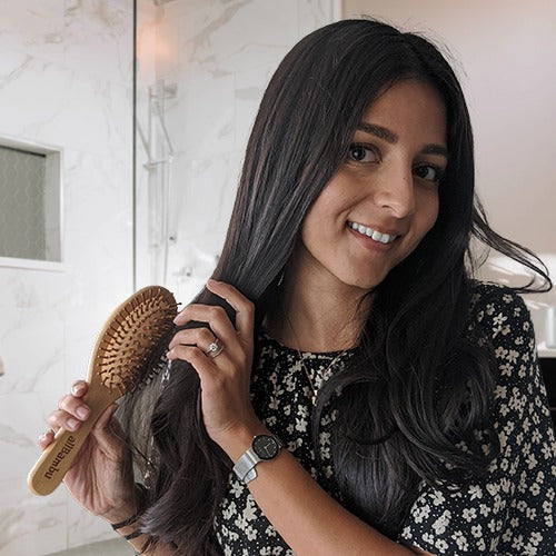 Made from organically grown bamboo, our eco-friendly hairbrush is suitable for all hair types and is the ultimate hair accessory for your hair. Stylish contoured smooth bamboo handle is biodegradable and antibacterial. The pins are bamboo as well which help naturally condition your hair, and evenly distribute your hairs&