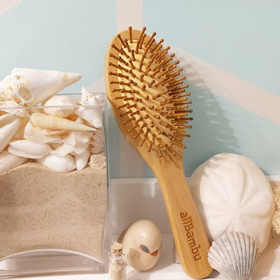 Made from organically grown bamboo, our eco-friendly hairbrush is suitable for all hair types and is the ultimate hair accessory for your hair. Stylish contoured smooth bamboo handle is biodegradable and antibacterial. The pins are bamboo as well which help naturally condition your hair, and evenly distribute your hairs' natural oils. 