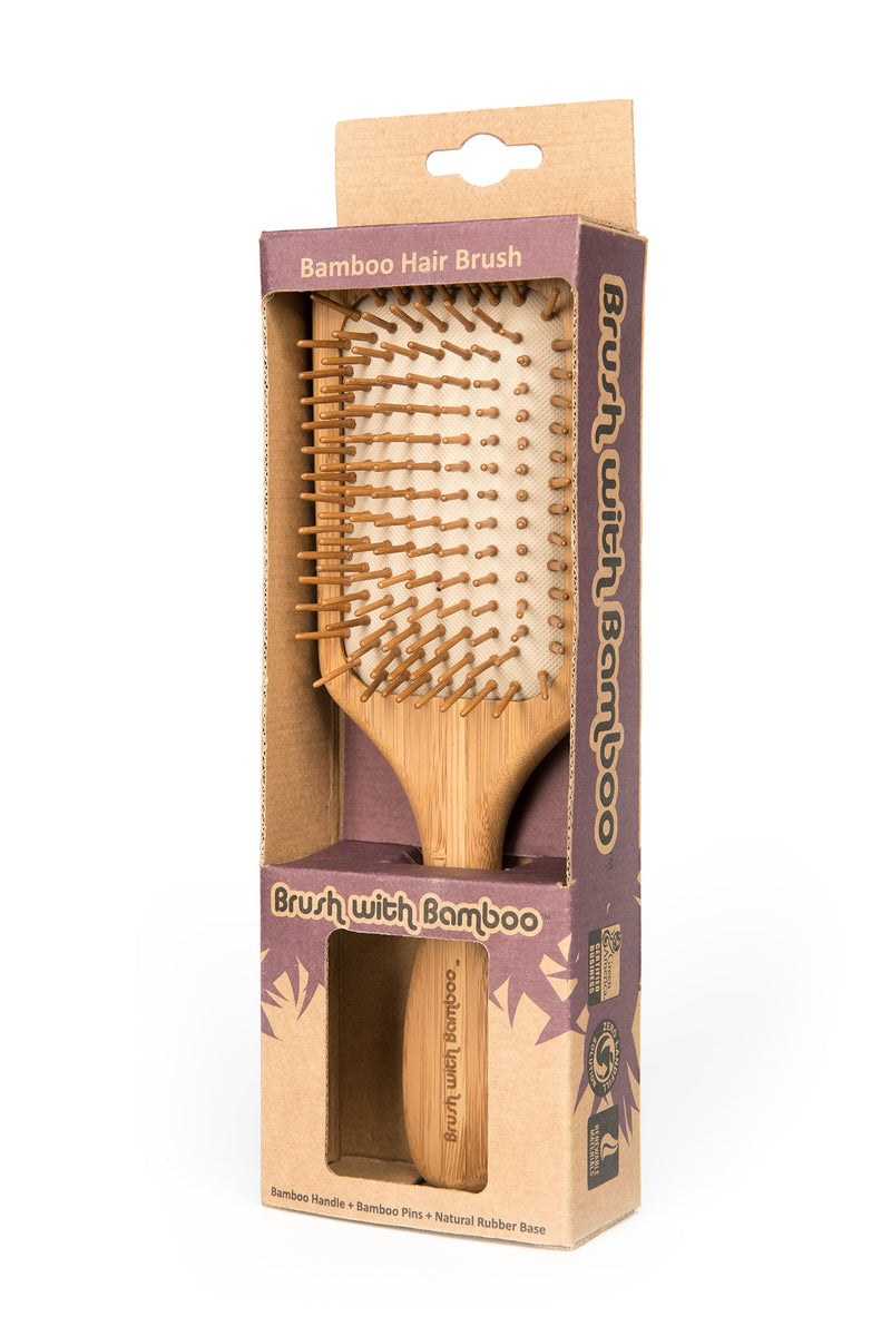 This bamboo hairbrush is a zero-waste alternative to hairbrushes made with synthetic materials. It has a natural and luxurious feel and functions exactly like conventional hairbrushes. Brush pins are pure bamboo Cushion base is natural rubber Bamboo handle has a beeswax finish.  It&