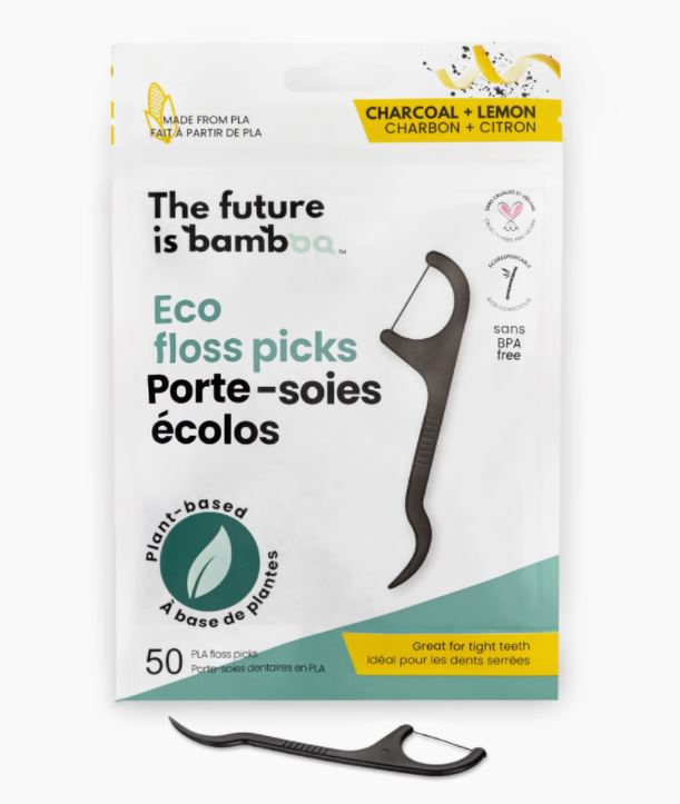 Package of 50 vegan floss picks made from plant based material in Charcoal Lemon
