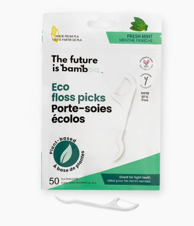 Package of 50 vegan floss picks made from plant based material in Fresh Mint