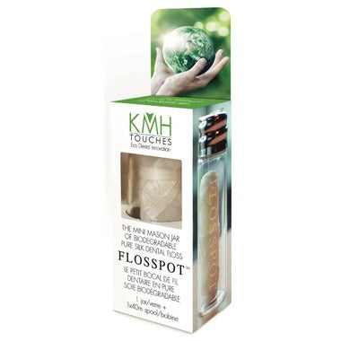 KMH Touches Flosspot Biodegradable Pure Silk Dental Floss is a luxurious silk dental floss, lightly waxed with candelilla for strength and ease of use between tight teeth. It is not flavoured to prevent changing any lab results for purity of its silk, which is at least 97% pure. This product contains no plastic and is therefore safe for the environment. This floss comes in a mini glass mason jar which is refillable, reusable and eco-friendly. 40m floss