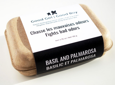 100% Natural and Organic Basil and Palmarosa Soap with Shea Butter to fight bad odors. It's antibacterial, antiviral and antifungal. Conditioning and cleansing without drying your dog's sensitive skin. These soaps are biodegradable, certified vegan and cruelty-Free made with organic ingredients.  